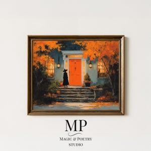 Może przedstawiać: Oprawiony obraz przedstawiający scenę Halloween. Osoba w czarnym kostiumie czarownicy stoi na schodach prowadzących do pomarańczowych drzwi. Dom otoczony jest pomarańczowymi jesiennymi liśćmi. Tekst "MP MAGIC & POETRY STUDIO" znajduje się na dole.
