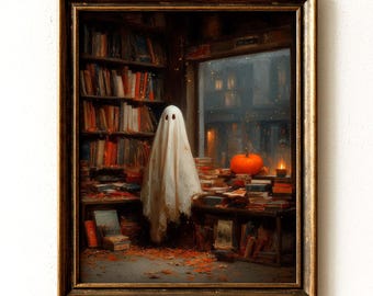 May include: A framed wall art print depicting a white sheet ghost standing in a dimly lit library filled with bookshelves, stacks of books, and scattered autumn leaves. A bright orange pumpkin and a small candle sit on a ledge near a window.