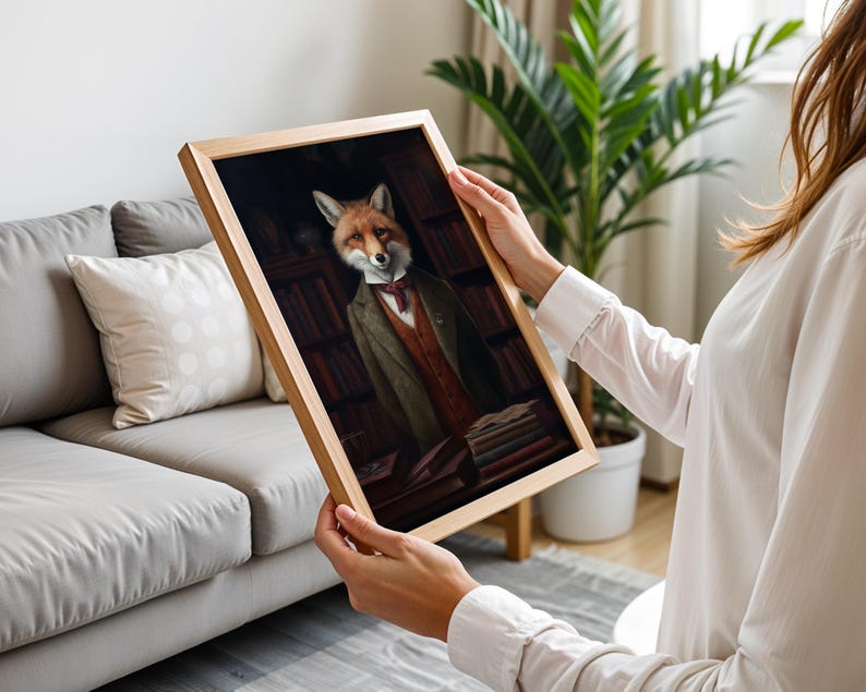 Person holding framed Victorian fox artwork in elegant neutral living room with natural light and cozy decor