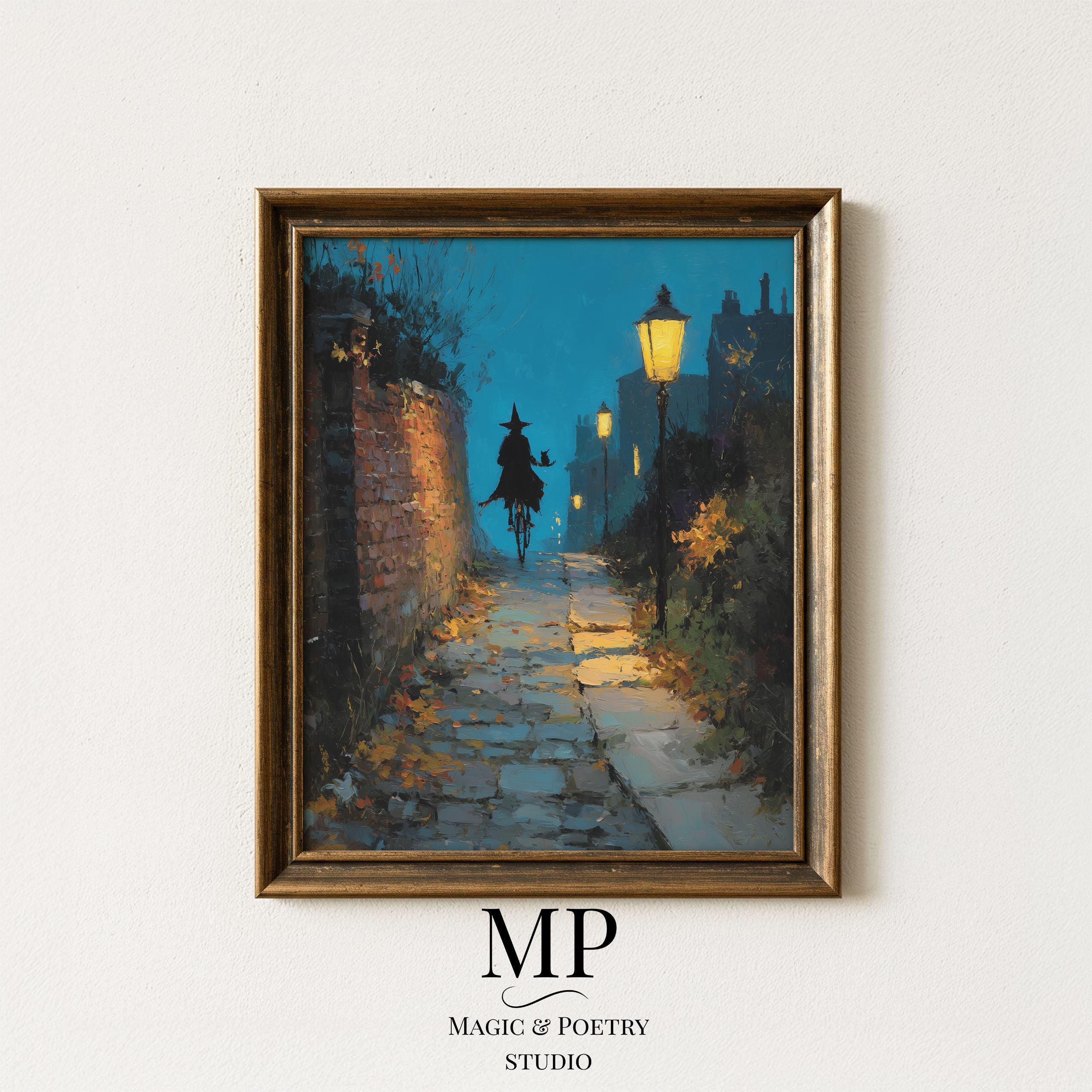 ヴィンテージ　油絵 自転車に乗った魔女 - 神秘的なヴィンテージ油絵、雰囲気のある夜景