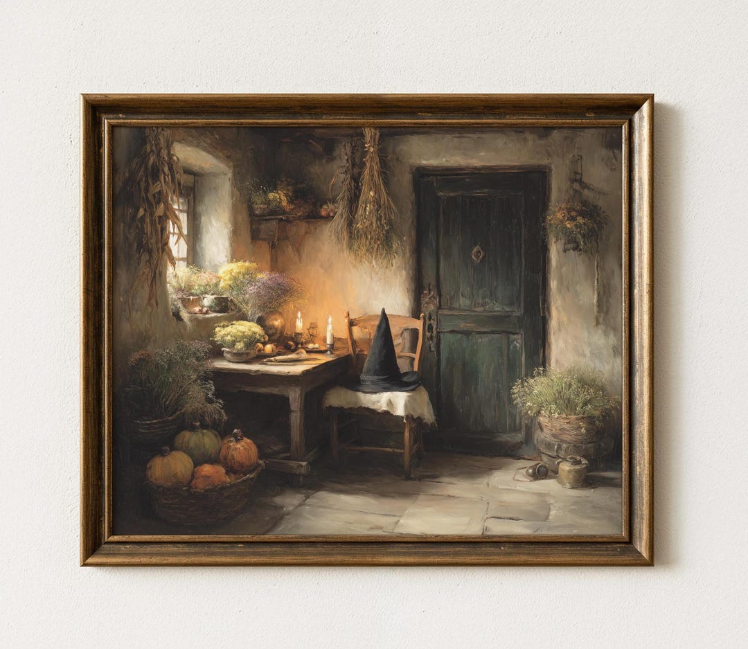 Cozy Witch Cottage Interior Painting - Rustic Harvest Scene, Earthy ...