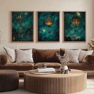 Dark Academia Hot Air Balloon Wall Art – Set of 3 Vintage Sky Prints – Moody Teal Gallery Posters – Atmospheric Steampunk Decor