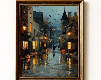 Halloween Town Wall Art, Spooky Village Street Painting, Jack O Lantern Decor, Moody Autumn Night (Digital Download) 495