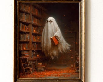 May include: A framed wall art print depicting a white ghost wearing round spectacles and holding a red book. The scene is set in a dark library with wooden bookshelves filled with books, small glowing orange lights, and fallen autumn leaves.