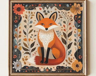 Folk Art Fox - Framed Canvas – Nordic Decor – Whimsical Nature Print – Scandinavian Woodland Wall Art (Digital Download)