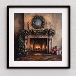 Victorian Christmas Fireplace Wall Art – Rustic Holiday Oil Painting – Festive Decor for Living Room or Mantel