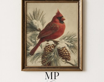 Vintage Snowy Red Cardinal Print - Festive Winter Wall Art, Rustic Holiday Decor, Cozy Rustic Christmas, Pine Branch Painting, Download 894