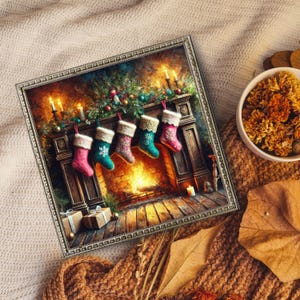 Rustic Fireplace Christmas Wall Art | Stockings Hanging by the Fire | Cozy Holiday Decor | Vintage-Inspired Square Digital Download