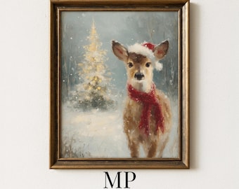 Christmas Fawn Wall Print, Santa Hat Baby Deer Portrait, Cozy Woodland Winter Decor for Nursery, Cottage and Country Homes 1071