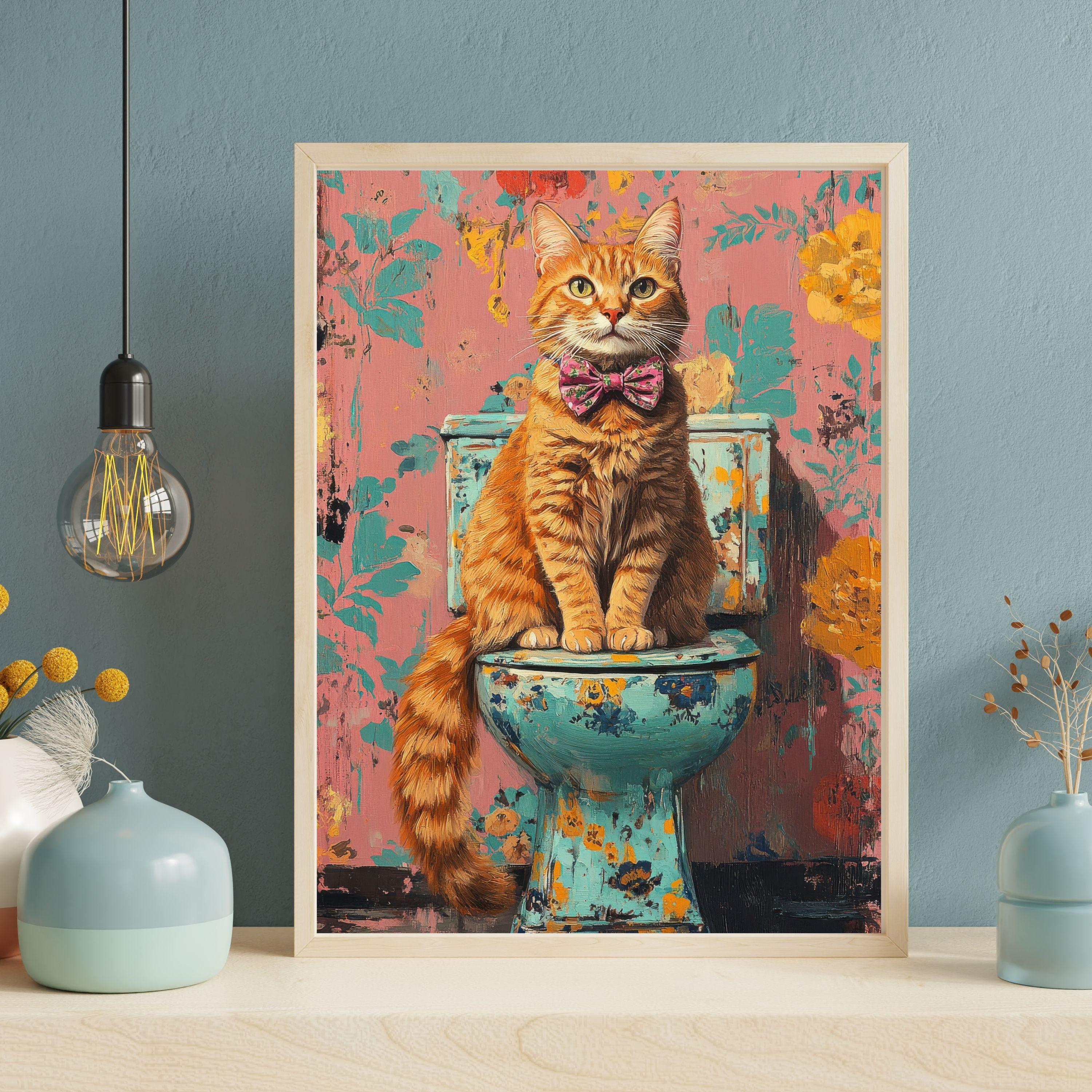 Tabby Cat on a Toilet Wall Art – Funny Bathroom Printable