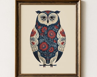 May include: A framed wall art print featuring a stylized owl illustration. The owl is decorated with intricate red and blue floral patterns against a dark blue body, set on a cream background within a dark brown wooden frame with gold trim.