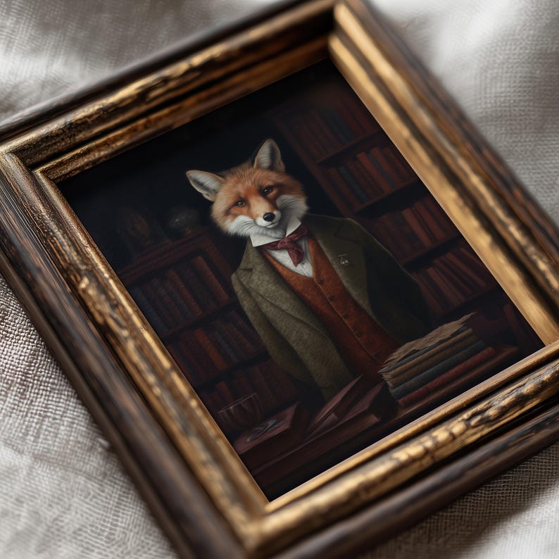Angled close-up of framed Victorian fox artwork highlighting painterly textures and antique-inspired gold frame
