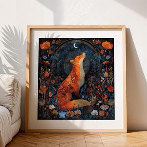 Impresión de zorro de arte popular escandinavo – Arte mural de animales místicos – Decoración de naturaleza nórdica – Póster de bosque bohemio