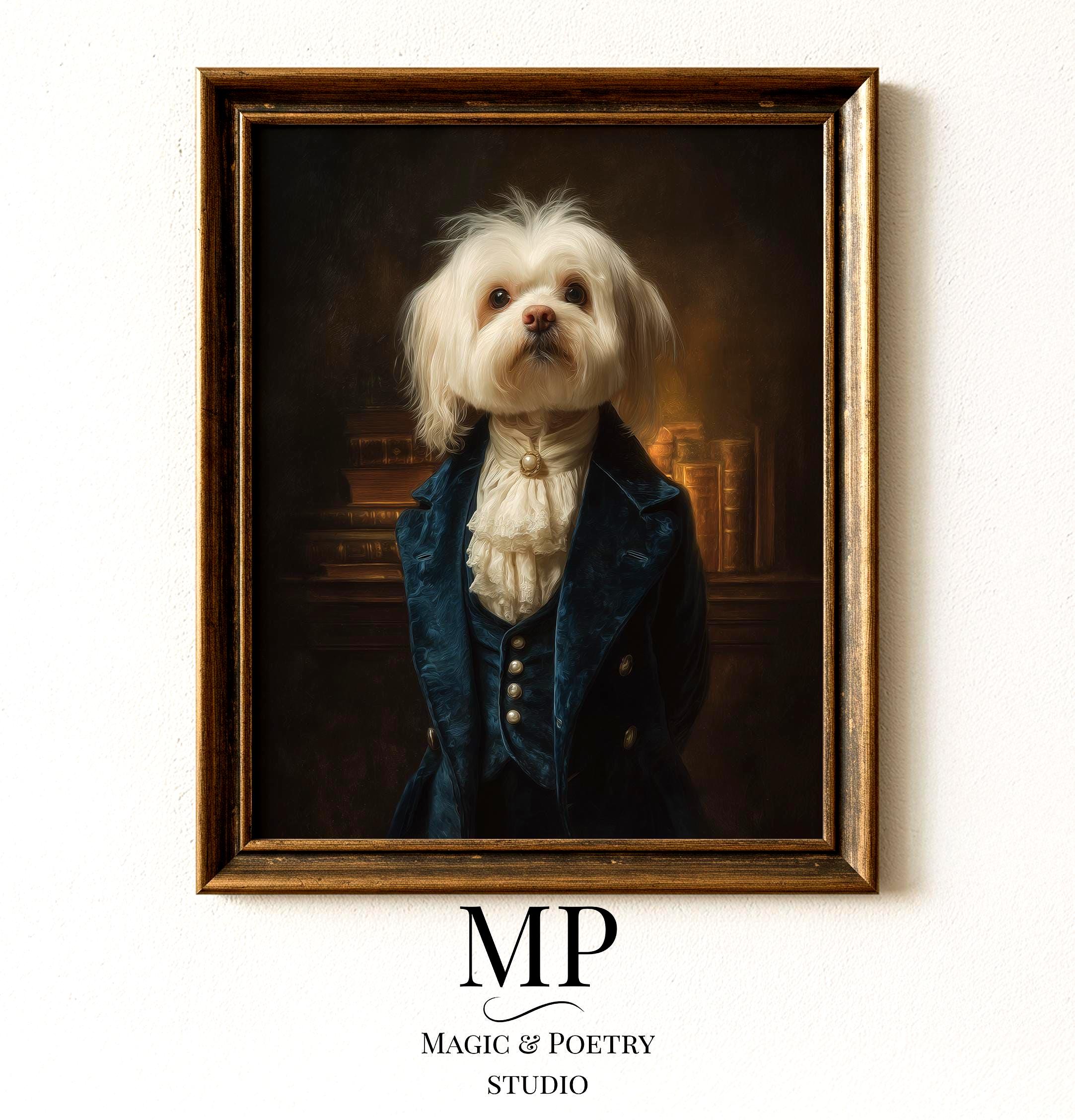 ヴィクトリア朝時代のマルチーズ犬の肖像画 – 優雅な犬の絵画
