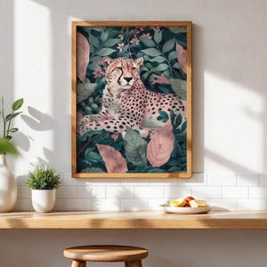 Light Pink Cheetah Wall Art – Botanical Safari Print – Elegant Jungle Animal Artwork – Modern Reading Nook & Living Room Decor