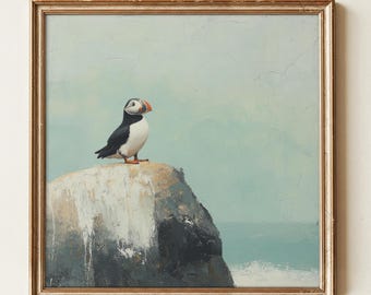 Skandinavisches Wandbild – Papageitaucher auf Felsen am Norwegischen Meer – Nordische Wildtiere Digitaldruck – Minimalistisches Seevogel-Dekor
