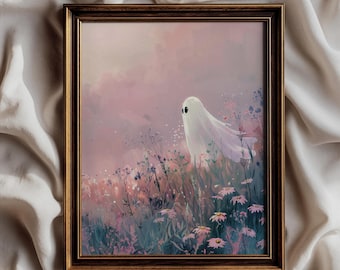 Pastel Ghost Art, Pink Halloween Wall Art, Whimsical Ghost in Wildflower Meadow, Feminine Halloween Decor, Dreamy Floral Print 584