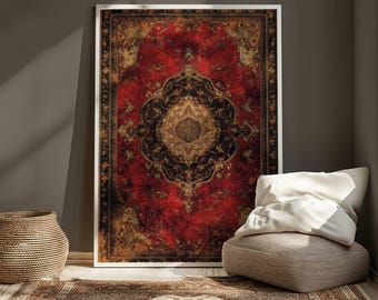 Persian Rug Print, Antique Tapestry Print, Textile Printable Wall Art – Red and Gold Ornate Carpet Design, Vintage Boho Home Decor