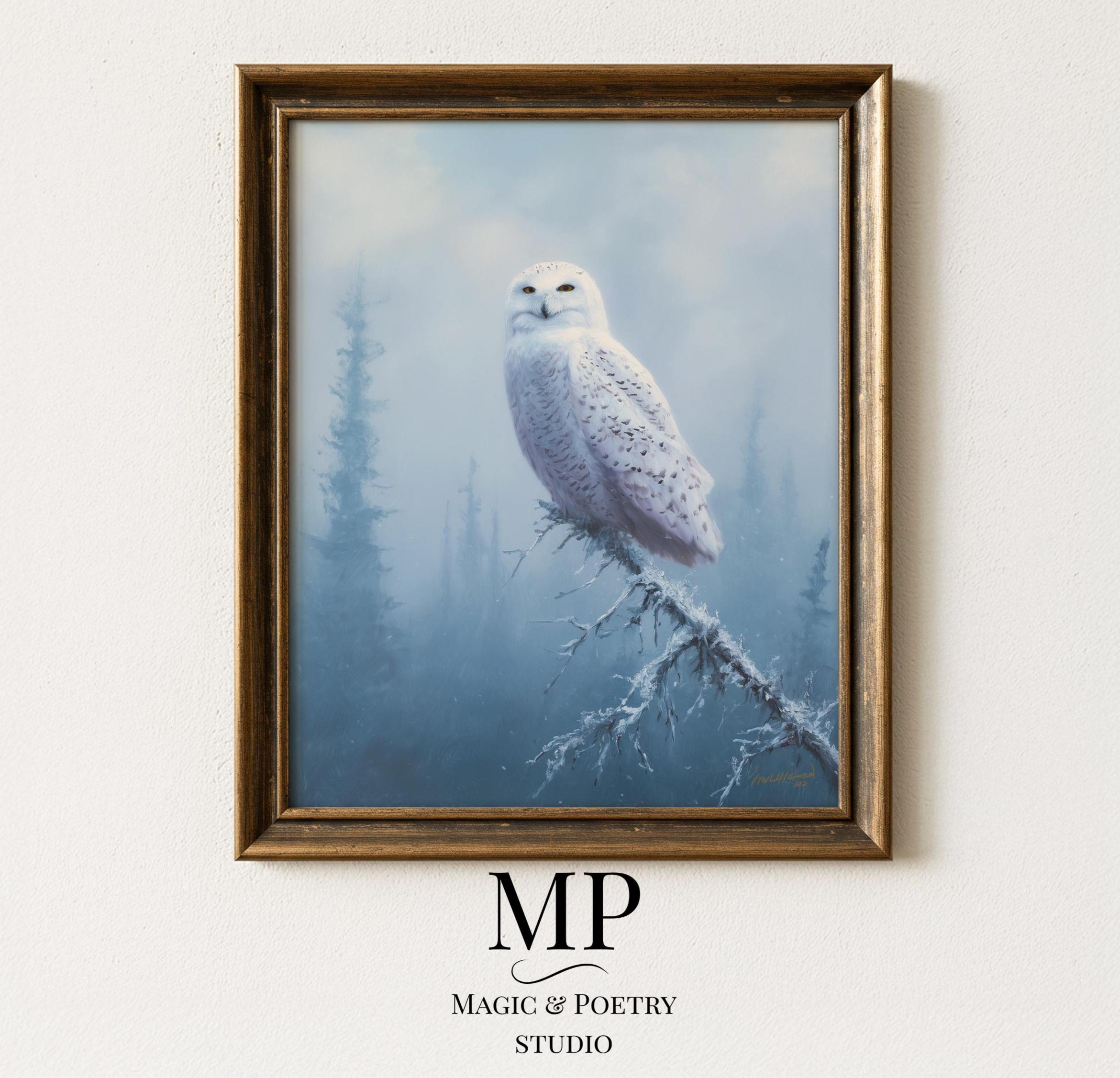 Snowy Owl Wall Art &ndash; Serene Winter Bird Painting &ndash; Minimal Nature Decor &ndash; Arctic W
