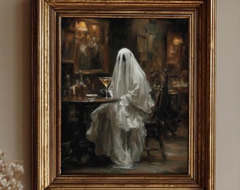 May include: A framed oil painting depicting a figure draped in a white sheet sitting at a dark wooden table in a dimly lit room. The figure holds a martini glass, with bottles visible on the table. The frame is ornate, metallic gold, and rectangular.