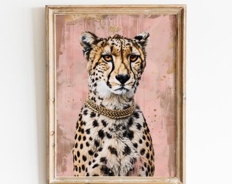 Väggkonst med gepard i rosa guld, utskrivbar glamourös safari, lyxigt djurtryck, feminin inredning, moderiktig väggkonst, direktnedladdning