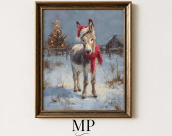 Christmas Donkey Wall Print, Winter Farm Portrait with Santa Hat, Rustic Holiday Decor for Nativity, Farmhouse and Country Homes 1078