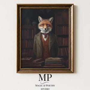 Victorian fox wall art displayed in elegant gold frame against soft neutral background with antique library atmosphere