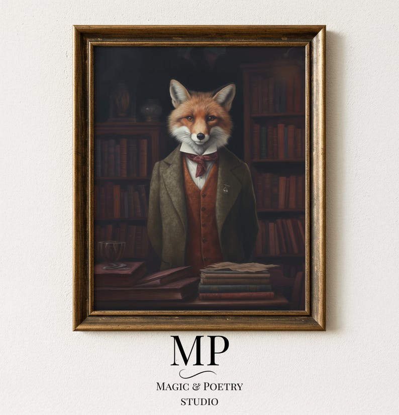 Victorian fox wall art displayed in elegant gold frame against soft neutral background with antique library atmosphere