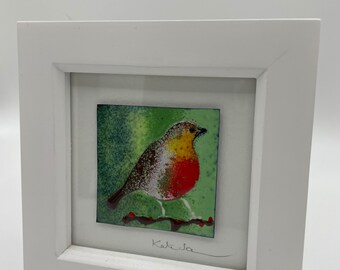 Enamelled picture, Robin in greens background, home decor, Robin art, gift idea.