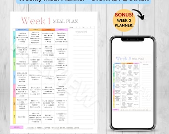 2 Week Meal Planner Printable - Meal Tracker, Weekly Meal Planning Template, Grocery List, Digital Meal Organizer, Instant Download, Easy