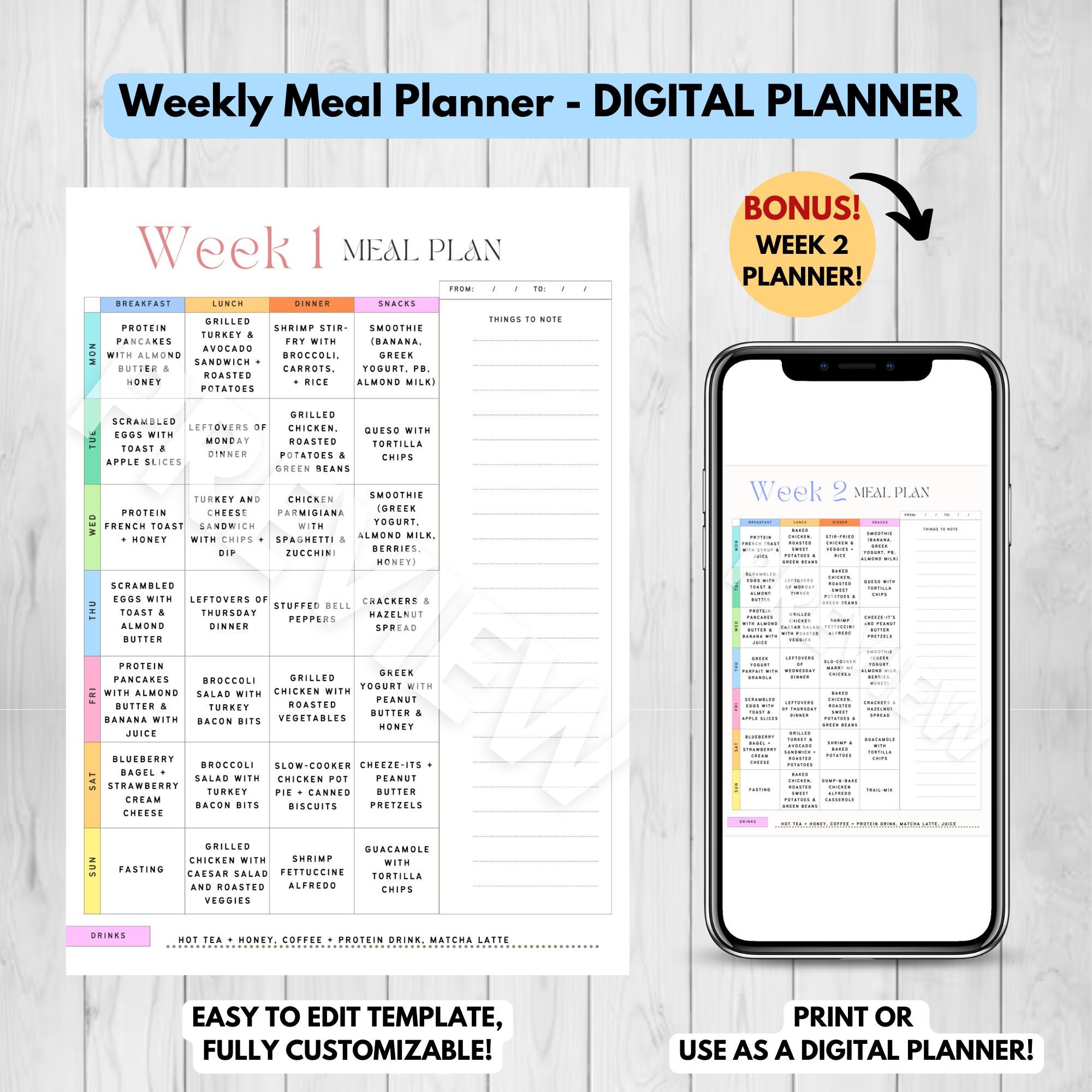 2 Week Meal Planner Printable - Meal Tracker, Weekly Meal Planning ...