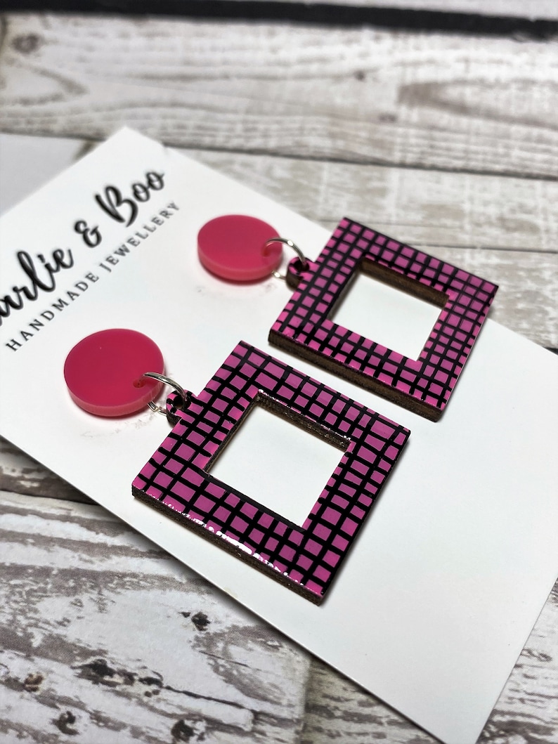 Hand Painted Earrings Square Dangles Resin Earrings Pink Earrings Pink Dangles Hand Painted Jewellery Pink Jewellery