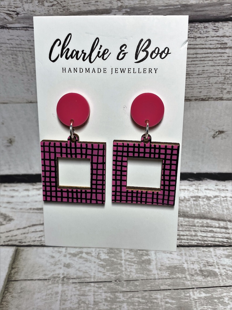 Hand Painted Earrings Square Dangles Resin Earrings Pink Earrings Pink Dangles Hand Painted Jewellery Pink Jewellery