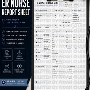 May include: Black clipboard with an "ER Nurse Report Sheet" for organizing patient information. Includes sections for patient overview, vital signs, assessments, and notes. Designed for busy shifts.