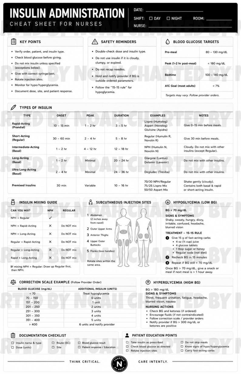 Insulin Admin Cheat Sheet for Nurses/nursing Students - Etsy
