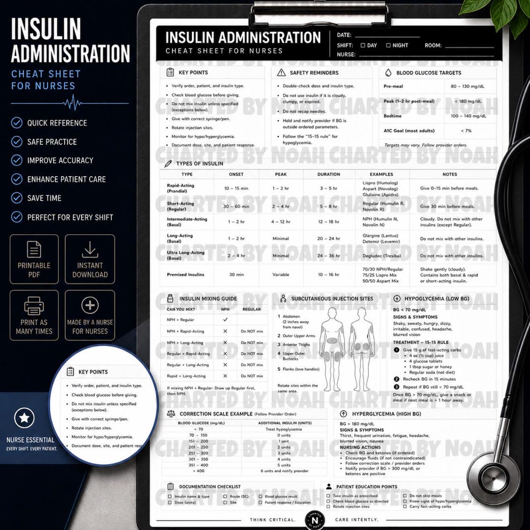 Insulin Admin Cheat Sheet for Nurses/nursing Students - Etsy