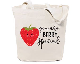 You Are Berry Special Cotton Canvas Reusable Grocery Bag and Farmers Market Tote Bag, Food Pun, Funny, Cute Women's Gift, Valentine's Day