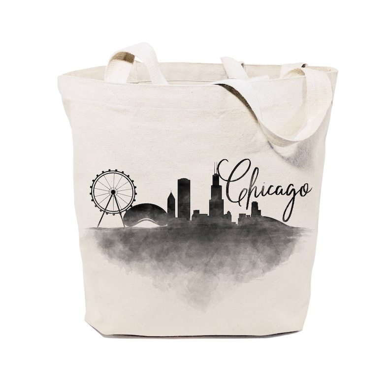 Chicago Cotton Canvas Cityscape, Beach, Shopping and Travel Reusable Shoulder Tote and Handbag, Farmers Market, Gifts, Travel Souvenir image 1