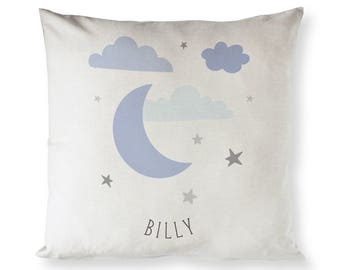 Personalized Blue Clouds and Moon Cotton Canvas Baby Pillow Cover, Pillowcase, Cushion Cover and Decorative Home Throw Pillow Cover, Decor