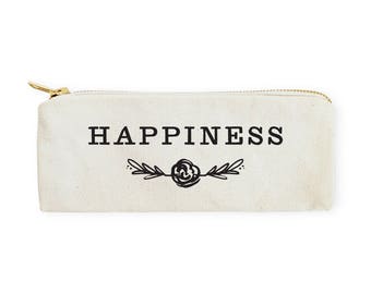 Happiness Cotton Canvas Pencil Case and Travel Pouch for Back to School, Supplies, Cute Teen Gift, Zipper Pouch, DIY, Makeup Bag, Stationery