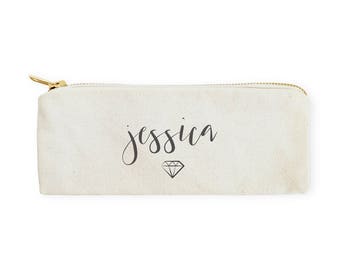 Personalized Name with Diamond Cotton Canvas Pencil Case and Travel Pouch for Back to School, Supplies, Gift for Her, Makeup Bag, Pouch