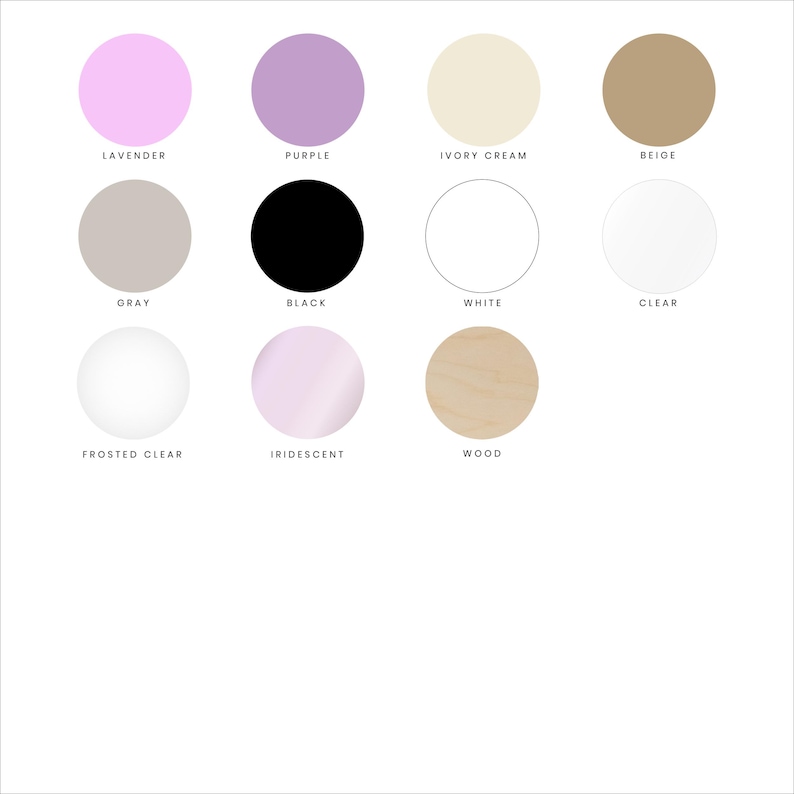 Op de afbeelding: Een verzameling kleurstalen in een rasterindeling. De kleuren zijn onder meer lavendel, paars, ivoorcr&egrave;me, beige, grijs, zwart, wit, helder, mat helder, iriserend en hout. Elke kleur is voorzien van een naam.