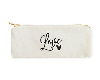 Love Cotton Canvas Pencil Case and Travel Pouch for Back to School, Supplies, Cute Teen Gift, Zipper Pouch, DIY, Makeup Bag, Stationery