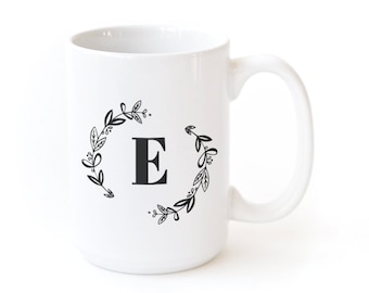 Personalized Monogram Porcelain Ceramic Coffee Mug, Custom, Initial Mug, Letter Cup, Gift for Her, Gift for Him, Custom Name Mug, Botanical