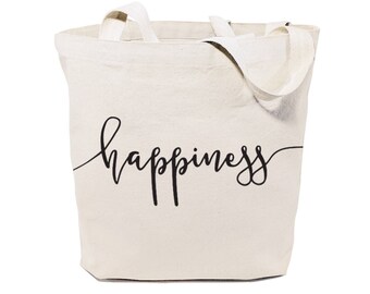 Happiness Cotton Canvas Gym, Yoga, Shopping Travel Reusable Shoulder Tote and Handbag, Motivational Gift, Gift Bag, Yoga Bag, Grocery Bag