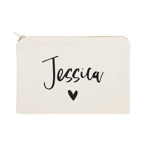 Personalized Name Heart Cotton Canvas Cosmetic Bag and Travel Make Up Pouch - Bridesmaid Gift, Wedding Favor, Gifts for Her, Birthday, Bride