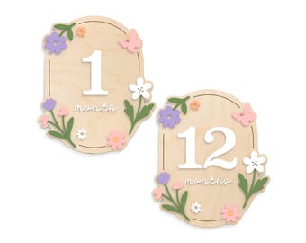 Wildflower Monthly Baby Milestone Markers, Interchangeable Floral Month Cards, First Year Photo Prop