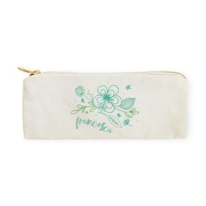 Personalized Name Aqua Floral Cotton Canvas Pencil Case and Travel Pouch for Back to School, Supplies, Gift for Her, Makeup Bag, Cute Gift