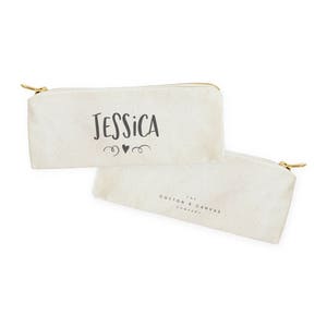 Personalized Name with Mini Heart Cotton Canvas Pencil Case and Travel Pouch for Back to School, Supplies, Gift for Her, Makeup Bag, Pouch image 2