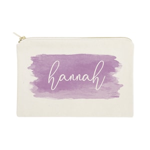 Personalized Name Purple Watercolor Cotton Canvas Cosmetic Bag and Travel Make Up Pouch - Bridesmaid Gift, Wedding, Cute Gift, Mother's Day